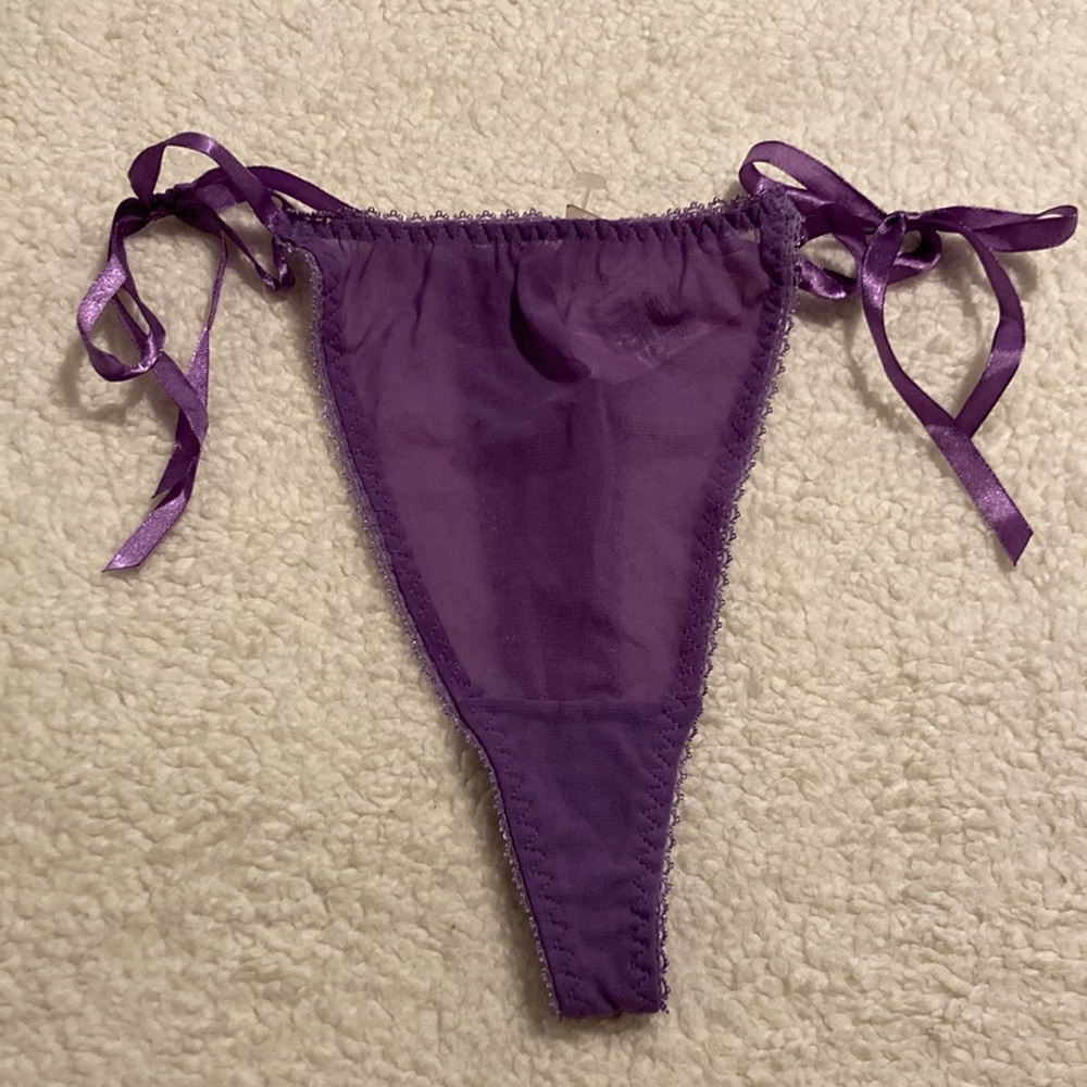 NWT TLC purple see-thru ribbon tie-away adjustable thong panties Size L